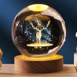 Crystal 3D Galaxy Ball |Night Light |Table Lamp |Dimmable Engraved LED Glass Ball |with USB and Wooden Base for Home Decor|Birthday Gift|Office|Gift & Kids Bedroom-[Deer]