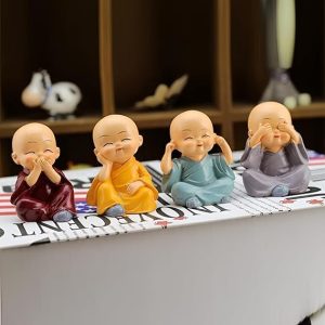 Buddha Monk Figurines Set 4Pc – Multicolour Polyresin Decorative Statues for Home Decor, Indoor/Outdoor Garden, Car Dashboard, Wall Shelf, Office Table, Spiritual Yard Art & Unique Gift Items