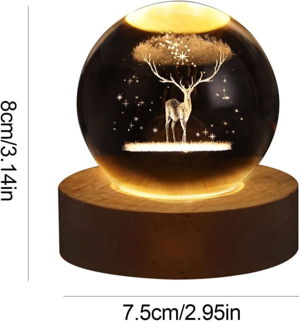 Crystal 3D Galaxy Ball |Night Light |Table Lamp |Dimmable Engraved LED Glass Ball |with USB and Wooden Base for Home Decor|Birthday Gift|Office|Gift & Kids Bedroom-[Deer] - Image 3