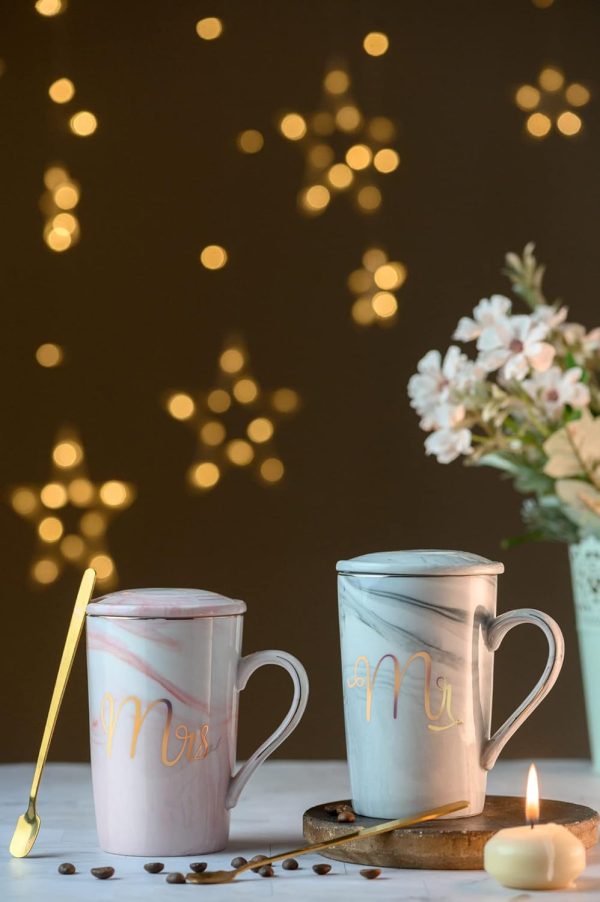 Ceramic Marble Finish Coffee Mug With Lid & Spoon For Anniversary Wedding Engagement Valentine Gifts For Couple 380 ML - Image 3