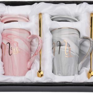 Ceramic Marble Finish Coffee Mug With Lid & Spoon For Anniversary Wedding Engagement Valentine Gifts For Couple 380 ML