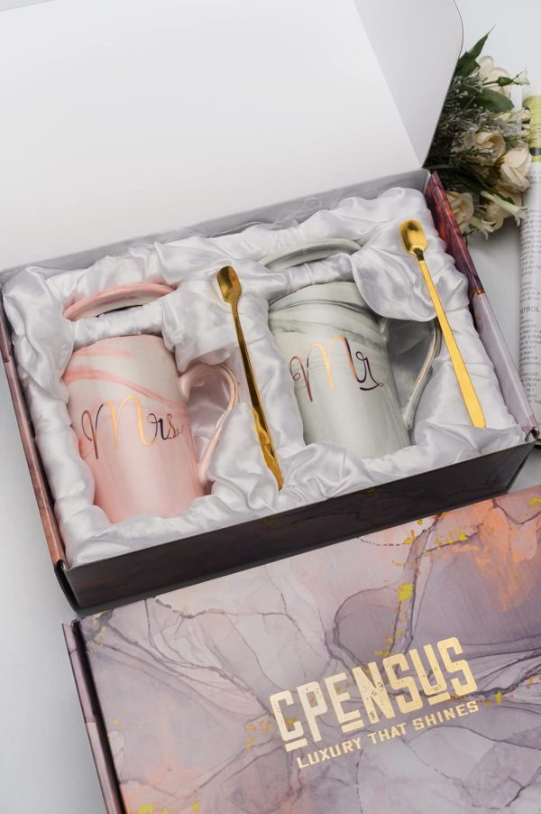 Ceramic Marble Finish Coffee Mug With Lid & Spoon For Anniversary Wedding Engagement Valentine Gifts For Couple 380 ML - Image 2